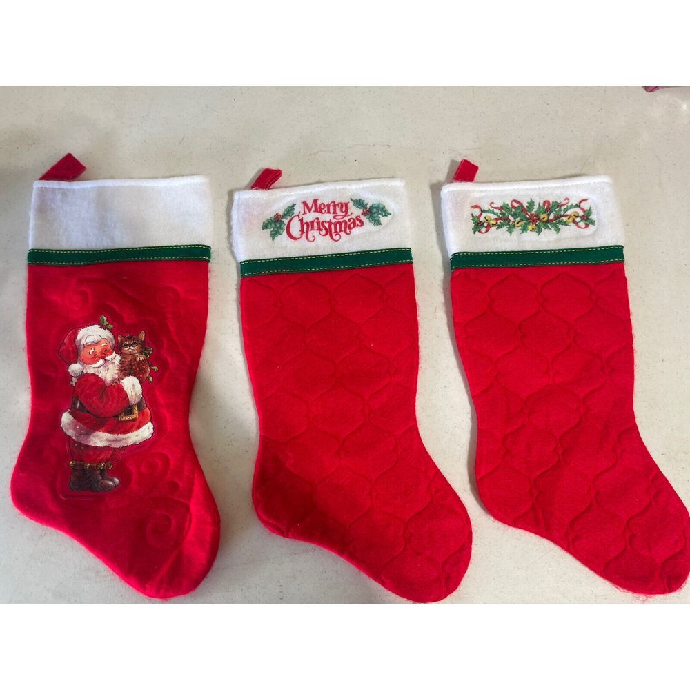 Lot‎ Of 3 Vintage Red Felt Christmas Stockings 1980s